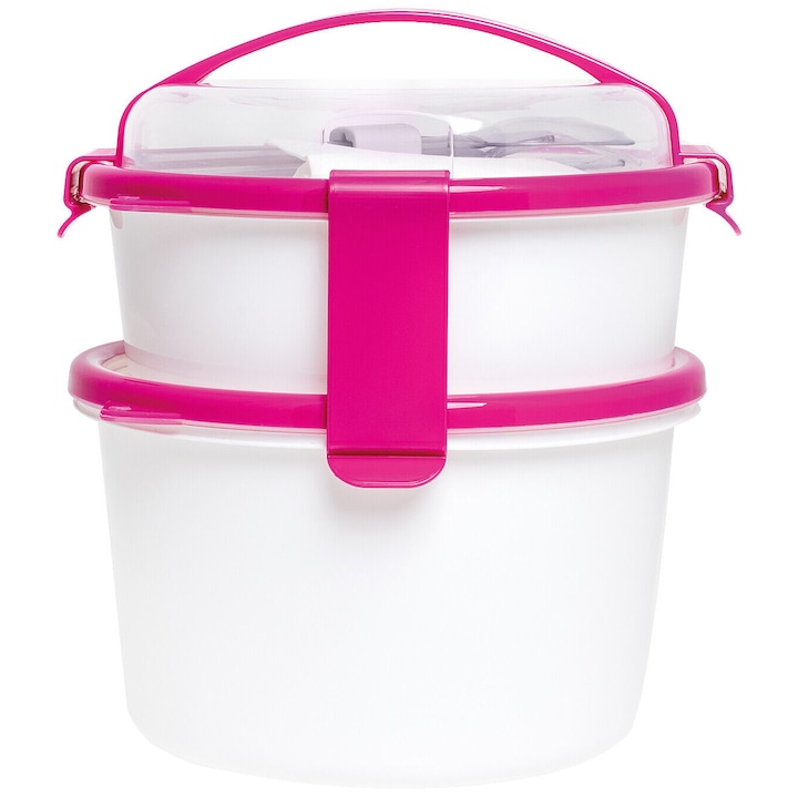 Set cutie de pranz Lady Sanaliving culoare fucsia, cu toarta si tacamuri 19,5x18,5x20,5 cm 1L si 1,6L