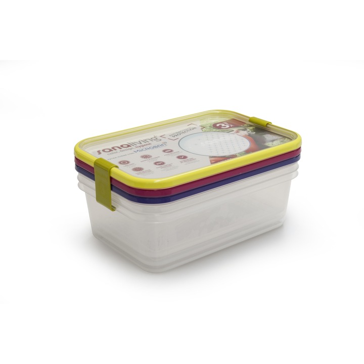 Set de 3 cutii de conservare alimente colectia Sanaliving 24x16,5x8 cm, 2L capace de culori asortate fucsia, lime, violet
