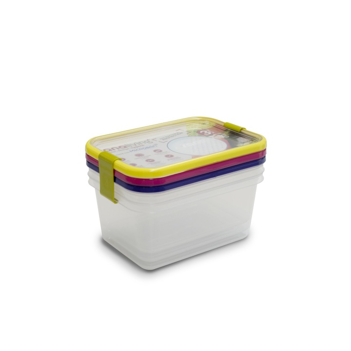 Set de 3 cutii de conservare alimente Sanaliving 19x14x9 cm, 1,3L capace de culori asortate fucsia, lime, violet
