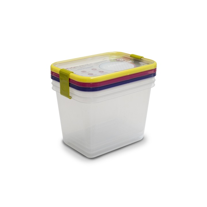 Set de 3 cutii de conservare alimente Sanaliving 19x14x13,5 cm 2,1L capace de culori asortate fucsia, lime, violet
