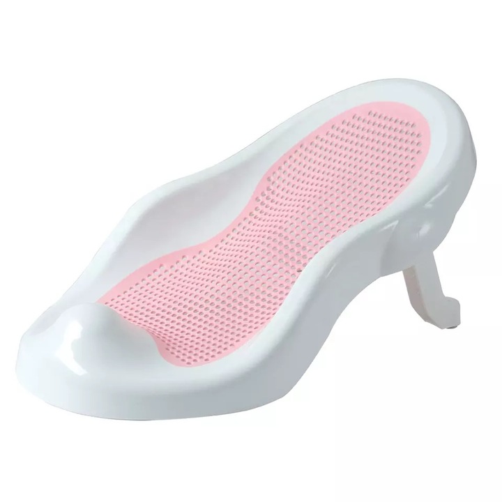 Suport de baie pentru copii Little Mom Soft Pink pliabil, design ergonomic si sigur, strcutura piramidala, material moale cu sistem de scurgere a apei, dimensiune 56 x 30 x 25 cm