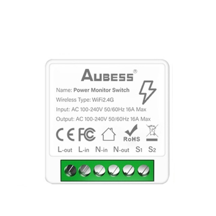 Смарт реле, Wi-Fi, С наблюдение на потреблението, програмируемо, съвместимо с приложението Tuya, Smart Life, гласово управление и автоматизация чрез Alexa Amazon, Google Home, 16A, 100-240V, 50-60 Hz, размер 4.1 x 4 .1 х 2,1 см