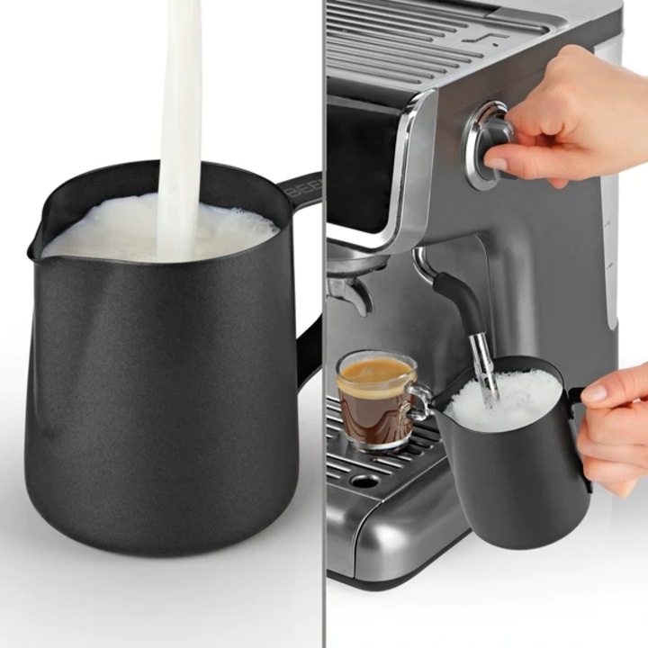 Cana pentru spuma de lapte BEEM, 350 ml, otel inoxidabil, design modern, usor de curatat, potrivita pentru masina de spalat vase, negru
