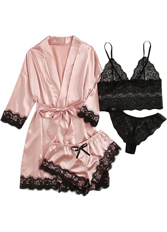 Set Lenjerie Sexy Dama 4 Piese Satin Dantela Roz Negru L Emag Ro