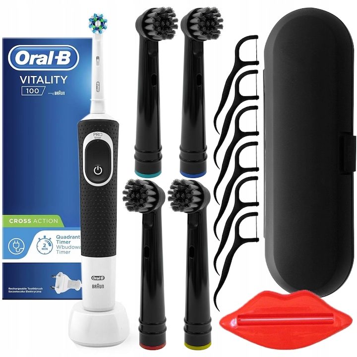 Oral-B Vitality 100 elektromos fogkefe, 4 extra csere fej Oral-B készülékhez, elektromos fogkefe tok, fekete