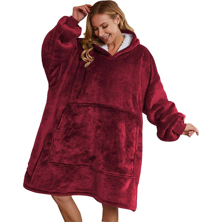 Patura cu Maneci si Gluga, Tip Hanorac, Buzunar, Marime Universala, 160x85cm, Rosu bordo
