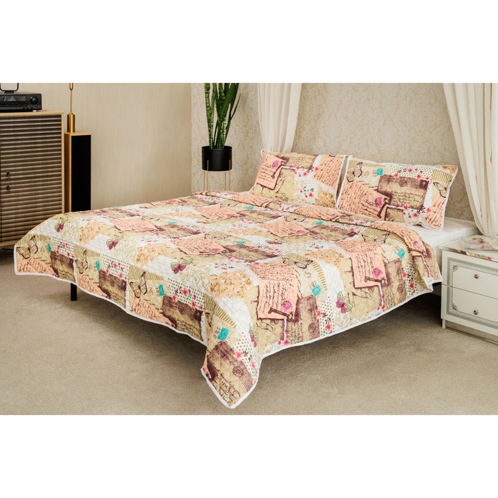 Cuvertura de pat imprimata 200x240 si 2 fete de perna 50x70 imprimat maro