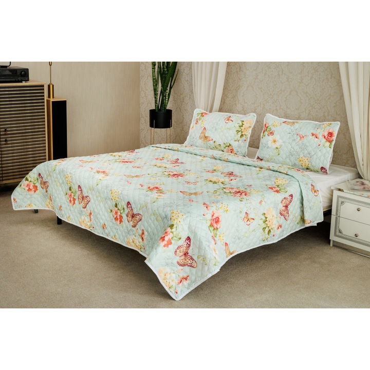 Cuvertura de pat imprimata 200x240 si 2 fete de perna 50x70 imprimat fluturi bleu