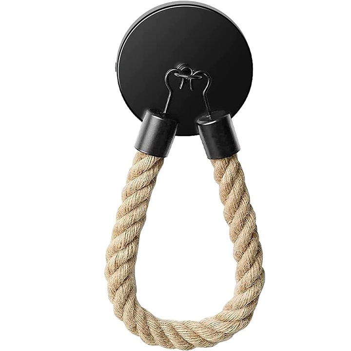 Suport pentru hartie igienica, Fier/Franghie de canepa, Negru/Maro