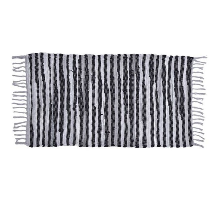 Covor tesut decorativ, gri, negru cu franjuri scurti, 80x50 cm