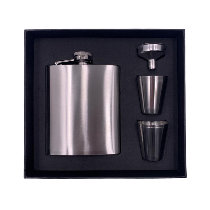 Set Plosca 250 ml, 4 Pahare 50 ml, Strecuratoare, Metalic, Argintiu, Dalimag