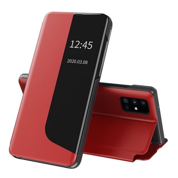 Премиум калъф за книга от еко кожа Hurtel, елегантен, DIGIMAT, уникален s-view модел за Huawei P40, червен кармин