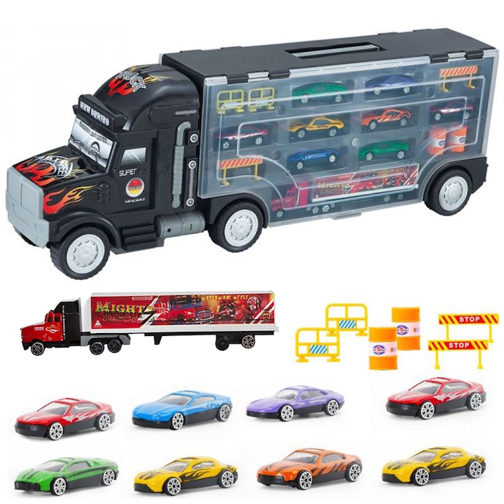 Set camion trailer de jucarie pentru transport masinute de curse, tip Hot Wheels, din metal si plastic, cu multiple accesorii, tir si 8 masini, scara 1:22, Multicolor Pitikot®