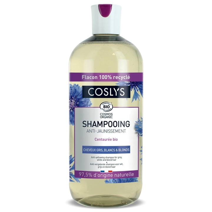 Sampon BIO anti-ingalbenire par alb, gri sau blond, cu extract de albastrele Coslys, 500 ml
