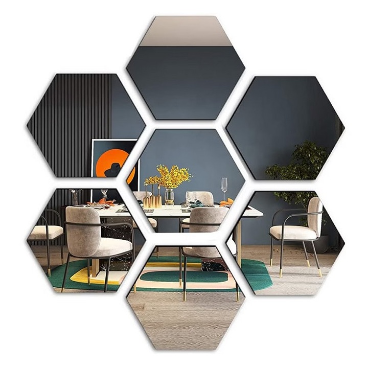 Set 7 Oglinzi Acrilice Decorative Autoadezive DAVIDAMI CONCEPT® model Hexagon, dimensiune 18.5 cm x 16 cm x 9.3 cm