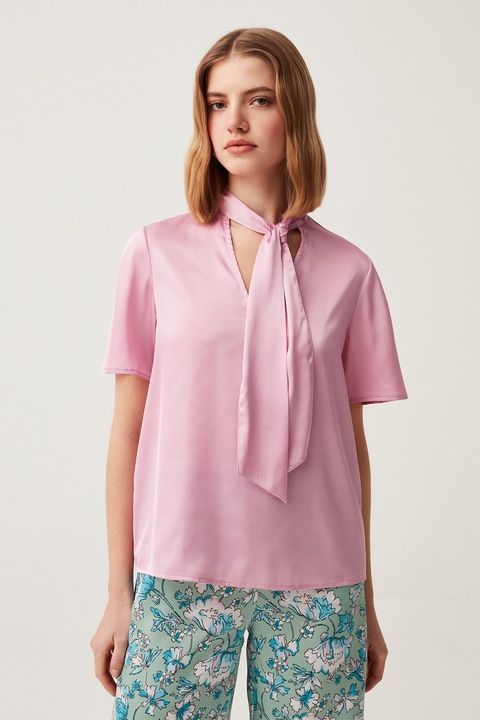 OVS, Bluza cu maneci scurte si funda din panglici, Roz pastel, S