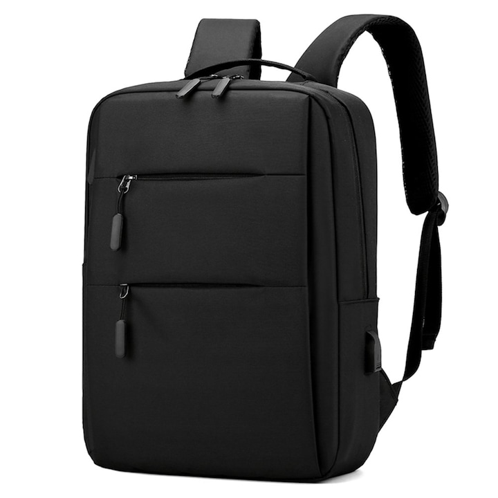 13,3"-es alkalmi, minimalista hátizsák USB-porttal tinédzsereknek, Escalate, 40x30x13cm, fekete