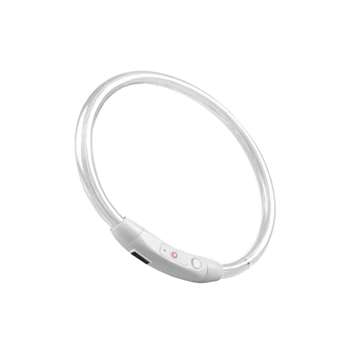 Zgarda cu LED, Zola®, pentru caini/ pisici, incarcare prin USB, 3 moduri de iluminare, din cauciuc, rezistenta la apa, lungime 47 cm, abilitate de a se scurta, alba