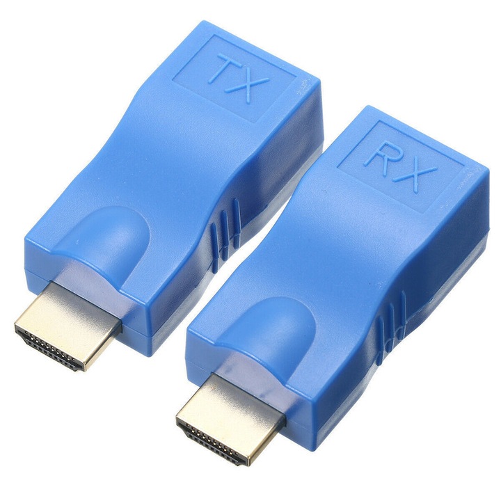 Set 2 adaptoare HDMI, PVC/Aliaj, TX/RJ, Albastru
