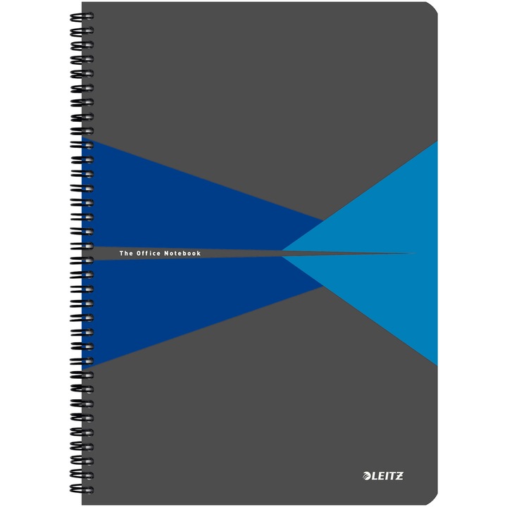 Caiet de birou Leitz Office, carton laminat, certificare FSC, reciclabil, A4, 90 coli, cu spira, dictando, albastru