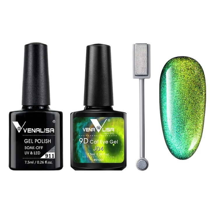 Set Galaxy 9D Cat Eye, Venalisa, magnet doua capete, oja semipermanenta neagra, oja semipermanenta cat eye, 7.5 ml, J04