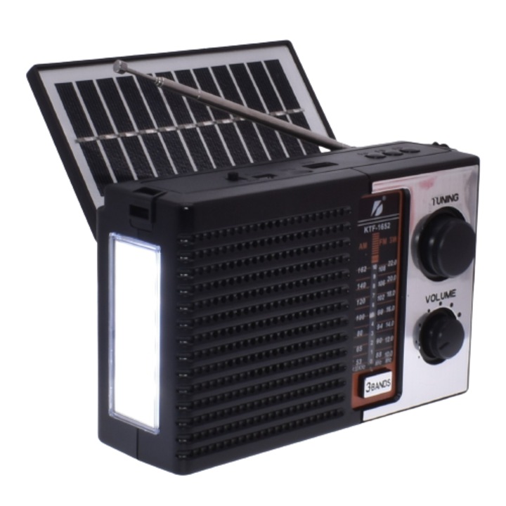 Radio Portabil Cu Panou Solar, Acumulator 1200mAh, FM/AM/SW, Bluetooth, Cititor USB si card TF, Lampa Led