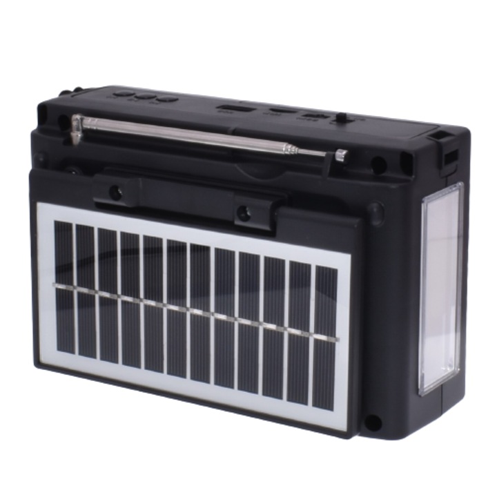 Radio Portabil Cu Panou Solar, Acumulator 1200mAh, FM/AM/SW, Bluetooth, Cititor USB si card TF, Lampa Led
