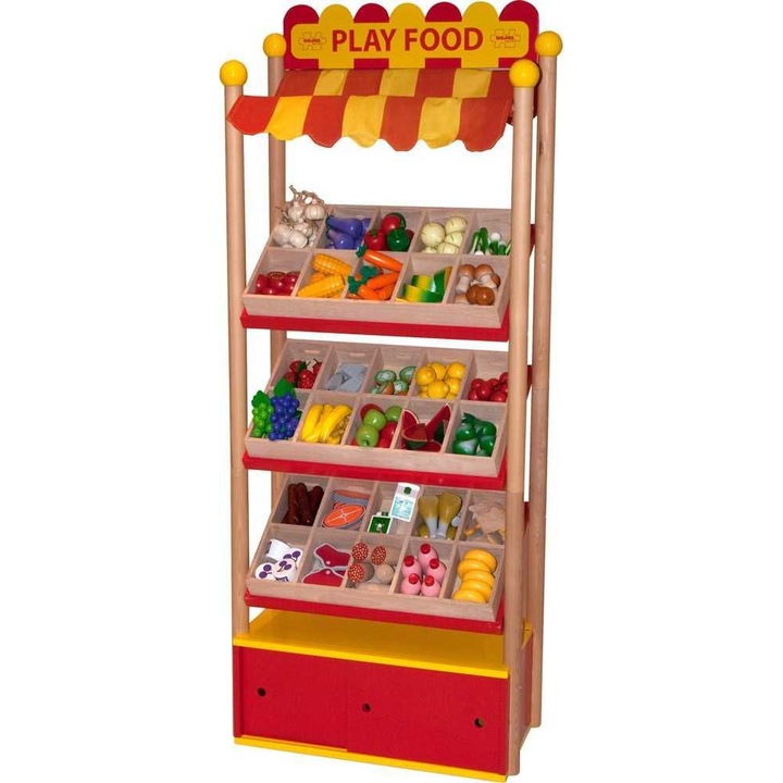 Set 227xpiese magazin copii, Bigjigs, Stand/Accesorii, Lemn, Multicolor, 4+