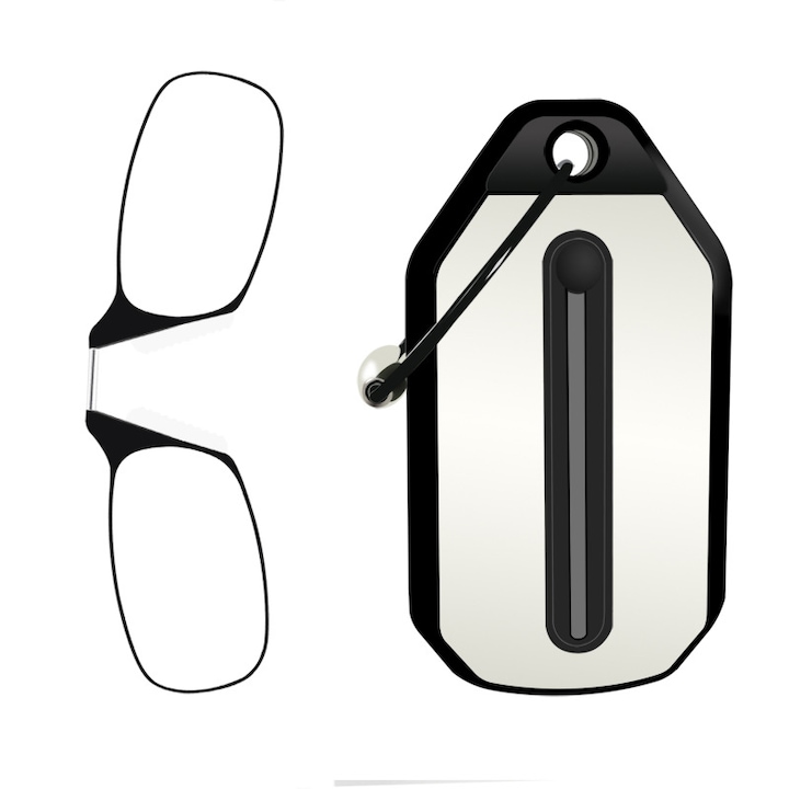 BOMSTOM Olvasószemüveg, ultravékony, kulcstartó tokkal, telefoncsatlakozóval, fekete kerettel, dioptria +1,50, fekete