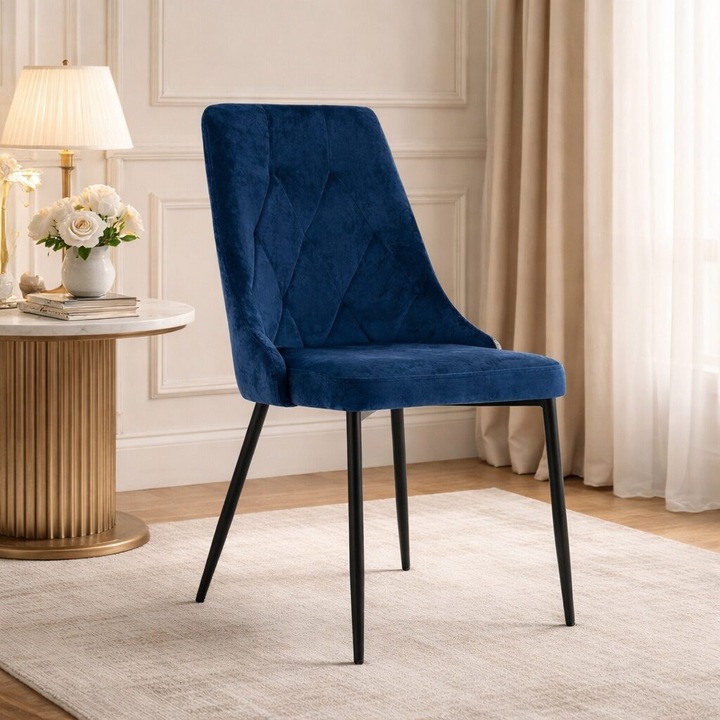 Scaun bucatarie/living, Artool, Imola, catifea bleumarin, picioare metal negru, 48.5x61x93.5 cm