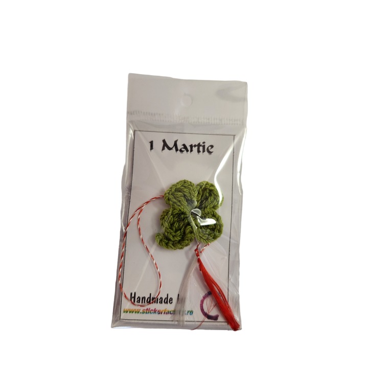 Martisor handmade tip brosa, cresetat manual, Trifoi, 5cm