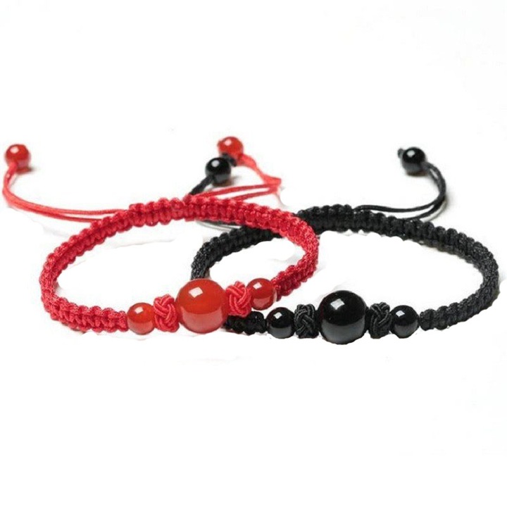 Set bratari cuplu, Textil/Agata, Rosu/Negru