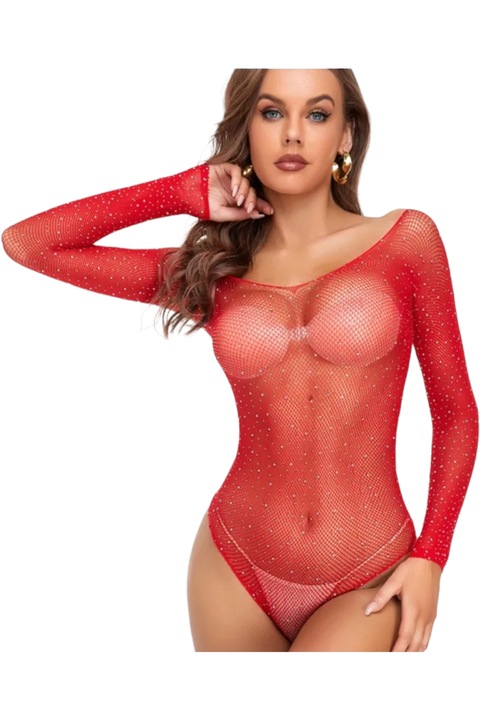 Body dama, StarFashion, cu maneca lunga si fermoar, material lucios, rosu, OneSize