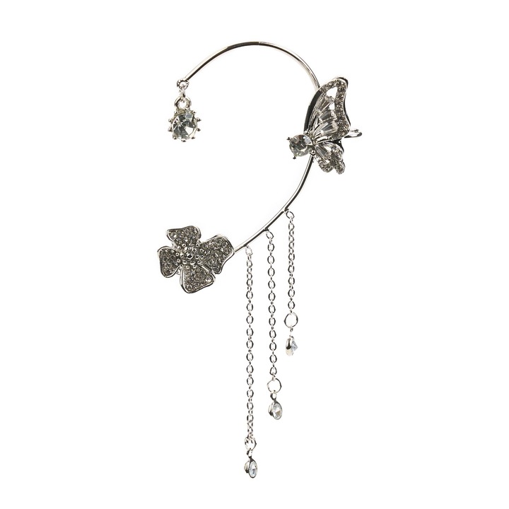 Cercel pentru toata urechea, elegant, tip Ear Cuff, Fluturi cu Ciucuri placati cu Zirconiu EC5, Onuvio®, Argintiu - Urechea Stanga