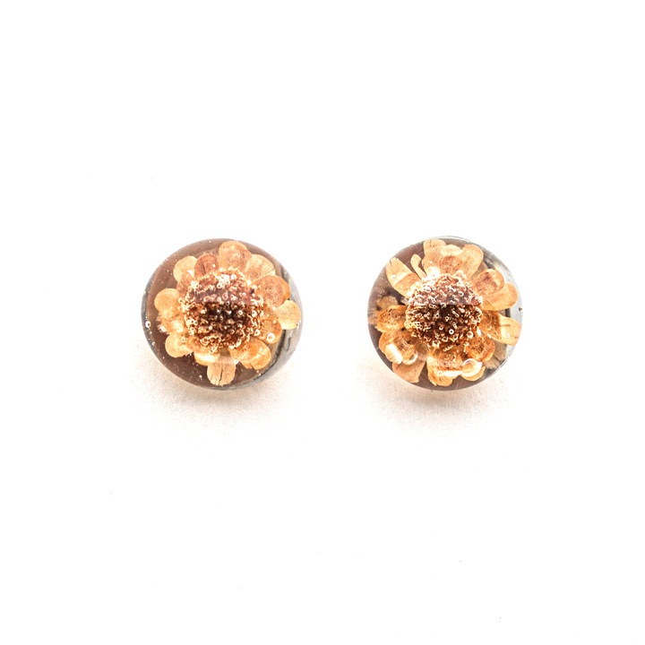 Cercei handmade din rasina, Flori uscate Glixia, Piersica, 11 mm