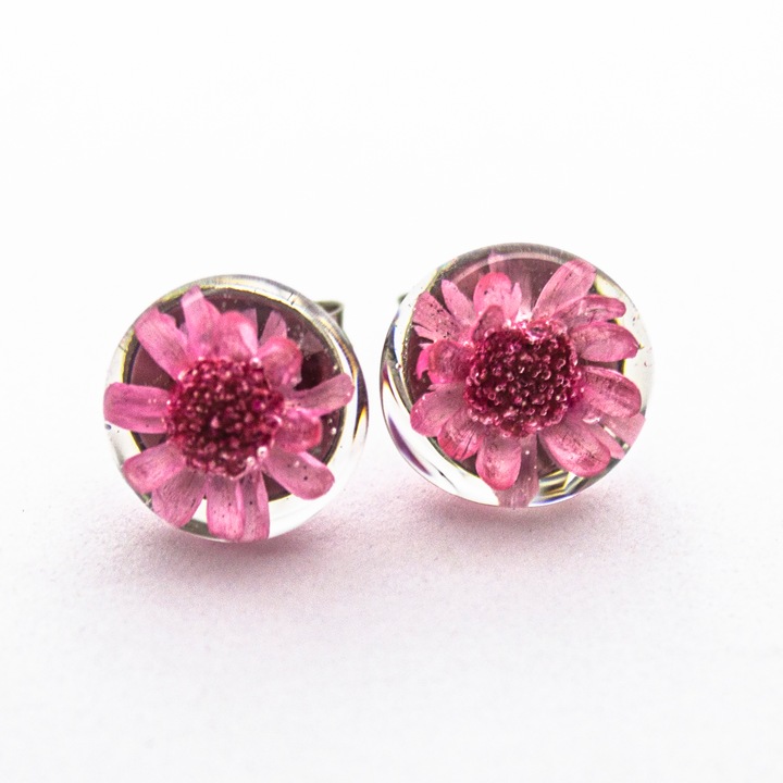 Cercei handmade din rasina, Flori uscate Glixia, Roz, 11,5 mm