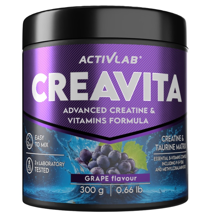 Activlab Creavita, Creatina Monohidrat cu Taurina si Vitamine din Complexul B, Pulbere pentru Bautura, Supliment Alimentar, Fara Zahar Adaugat, 300 g, Struguri