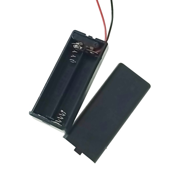 Carcasa cu capac si conectori cu 2 fire, pentru 2 baterii tip AAA-R3, PR-2666-04801, buton On/Off, neagra AAA