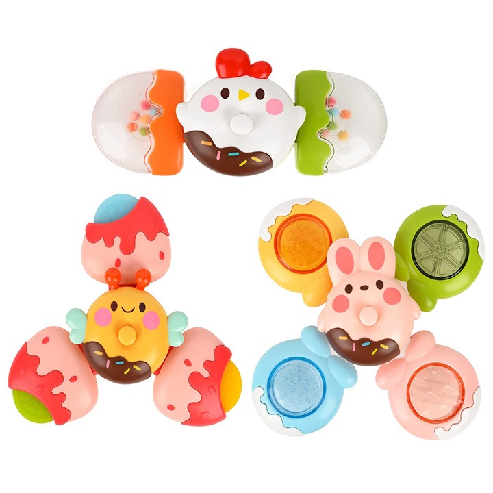 MorFansi DIY pörgő játék készlet, 3 db, tapadókoronggal, egymásra rakható és kivehető, ABS/szilikon, 1-3 évre, Multicolor