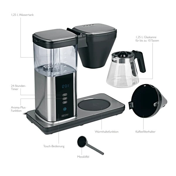 Aparat de preparat cafea automat BEEM, Direct-Brew, 1550 W, capacitate 1.25 litri, preparare rapida, afisaj digital, touchscreen, timer, functie Keep Warm, reglare intensitate, operare intuitiva, carafa din sticla, negru