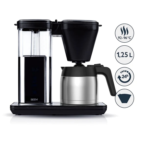 Aparat de preparat cafea drip BEEM, Direct-Brew, 1500 W, capacitate 1.25 litri, cana termica, preparare rapida, afisaj digital, touchscreen, timer, functie Keep Warm, reglare intensitate, operare intuitiva, carafa din sticla, negru/inox