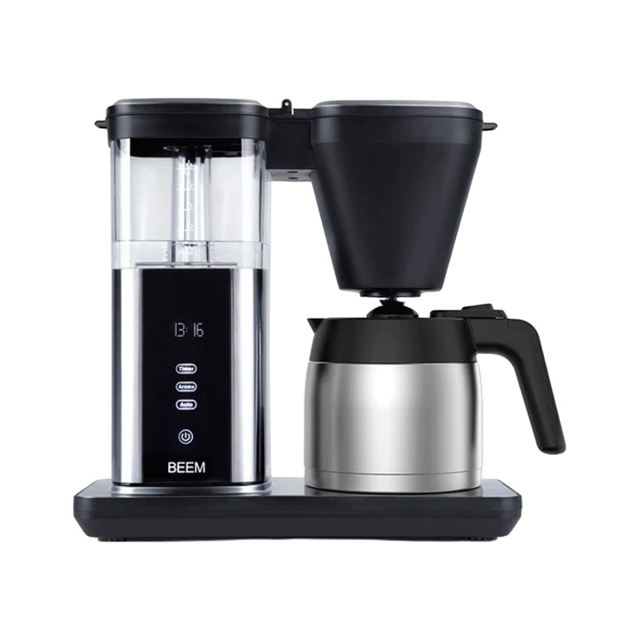 Автоматична кафемашина BEEM, Direct-Brew, 1500 W, капацитет 1,25 литра, термо чаша, бързо приготвяне, дигитален дисплей, сензорен екран, таймер, функция Keep Warm, настройка на интензитета, интуитивна работа, стъклена гарафа, черна/неръждаема стомана