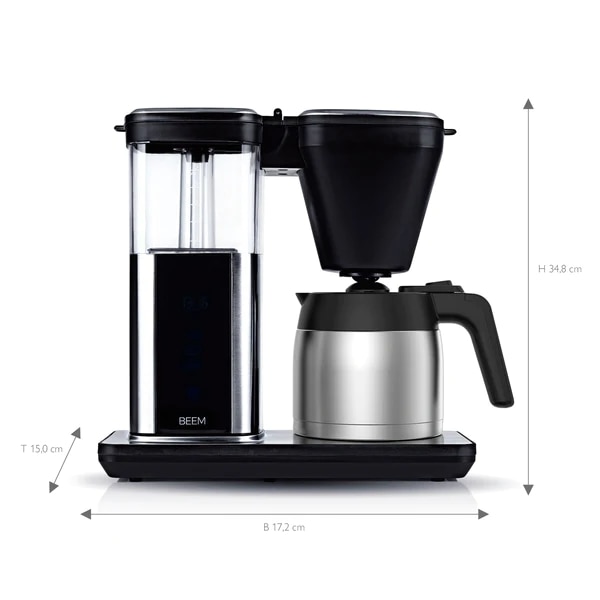 Aparat de preparat cafea drip BEEM, Direct-Brew, 1500 W, capacitate 1.25 litri, cana termica, preparare rapida, afisaj digital, touchscreen, timer, functie Keep Warm, reglare intensitate, operare intuitiva, carafa din sticla, negru/inox