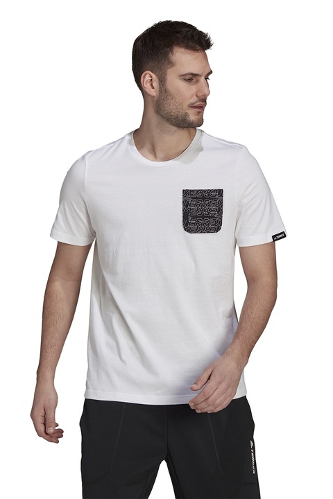 adidas Performance, Тениска за хайкинг с пришит джоб, Черен/Мръснобял