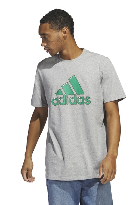 adidas Sportswear, Tricou cu decolteu la baza gatului si imprimeu logo, Verde/Gri melange