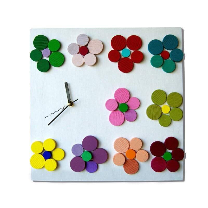 Ceas de perete, Deco-Box, Camp de Flori, ceas lemn pe lemn, geometric, pictat manual, multicolor