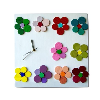 Ceas de perete, Deco-Box, Camp de Flori, ceas lemn pe lemn, geometric, pictat manual, multicolor Ceas de perete, Deco-Box, Camp de Flori, ceas lemn pe lemn, geometric, pictat manual, multicolor
