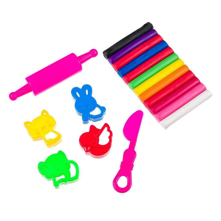 Set pentru jocuri creative format din 18 piese, 12 plastiline colorate neon si accesorii pentru modelare, Multicolor