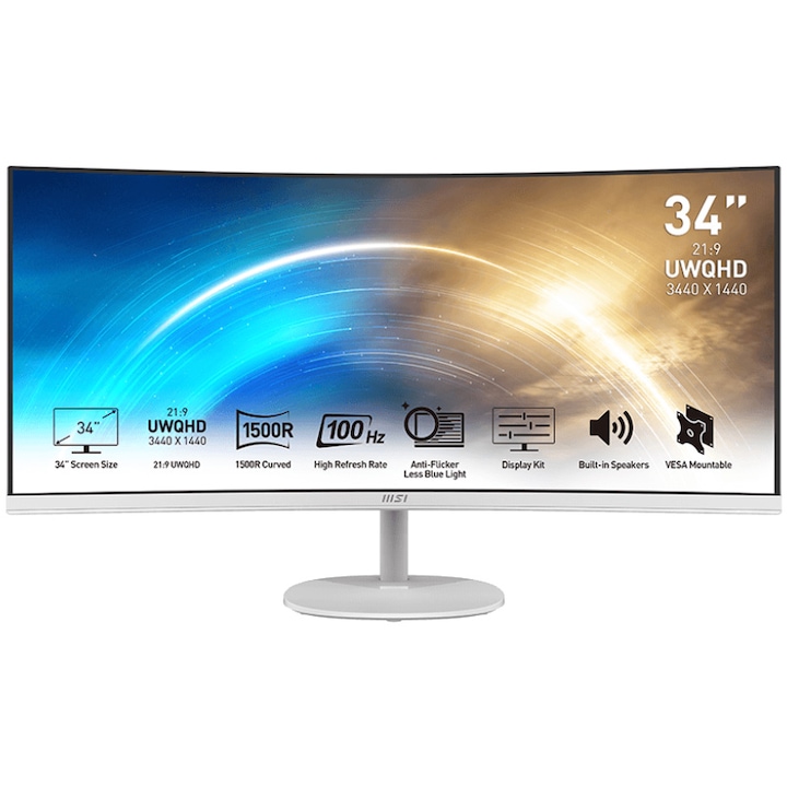 Монитор LED MSI PRO MP341CQW VA, 34" UWQHD, Curved 1500R, 100 Hz, Display Port & HDMI, 1 ms, Speaker, Eye Care, White