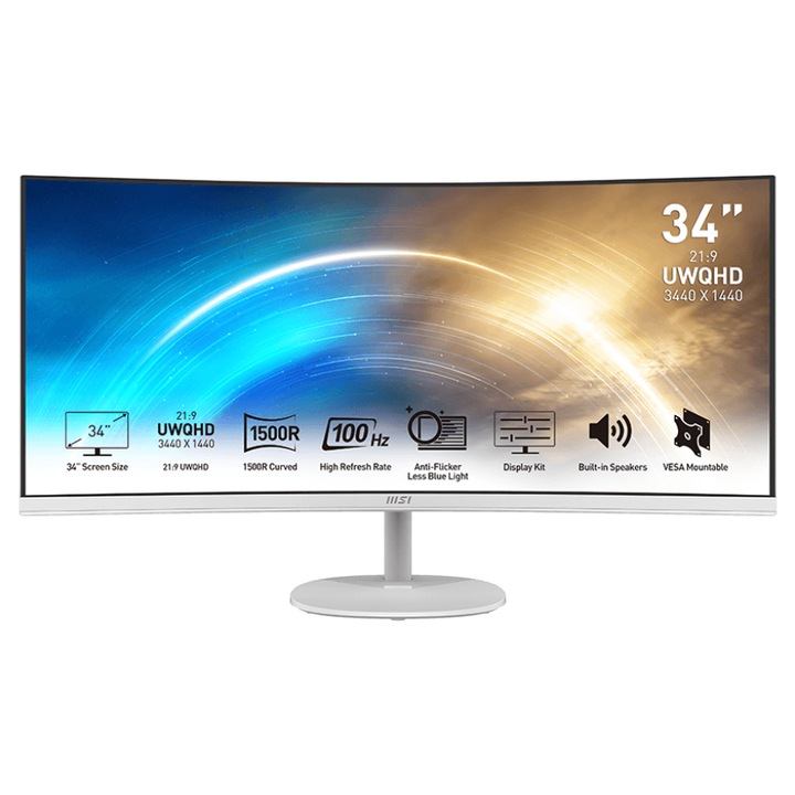 MSI PRO MP341CQW Ívelt Monitor 34" QHD, 3440x1440, 100Hz VA 21:9, 3000:1 CR, 300cd/m2, 4 ms, HDMI, DP, Fehér